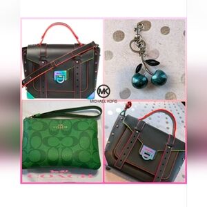 3pc Michael Kors Manhattan Contrast-Trim Leather Satchel/ Coach Wristlet/Charm